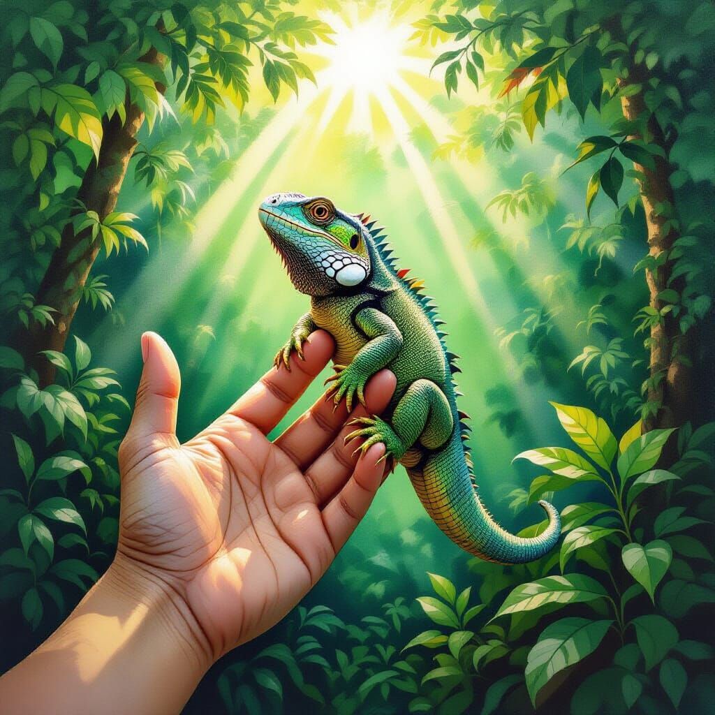 A miniature iguana the size of a human's pinky finger,...