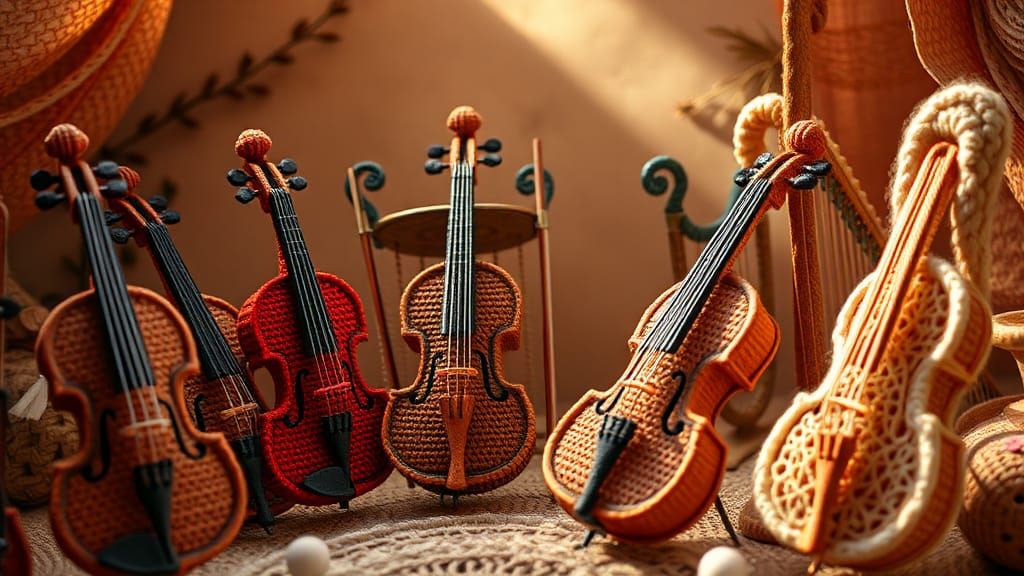 Crocheted String Orchestra in Dreamlike Setting