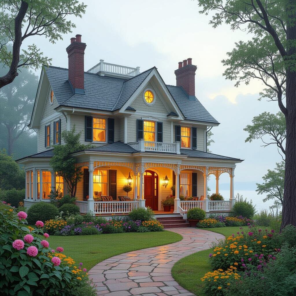 Seaside Manor with Lush Garden, Painterly Style