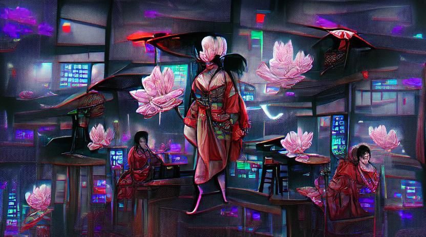 Cyberpunk Geisha in Red Kimono with Lotus