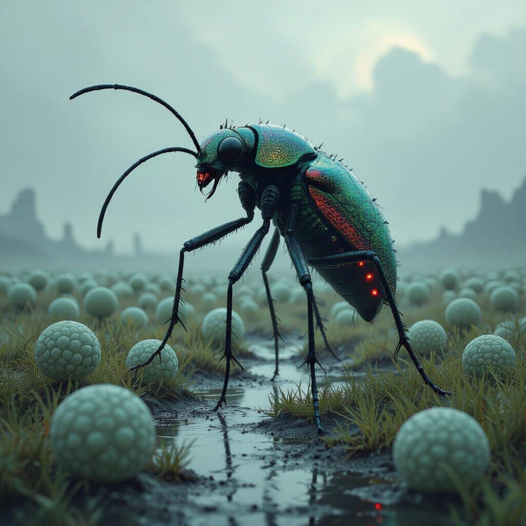 Bioluminescent Beetle Alien in Gloomy Marshland