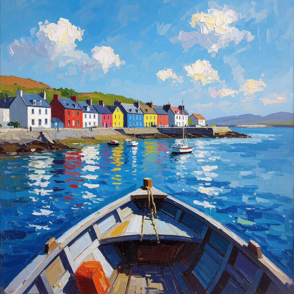 Classical Oil Painting of Tobermoray from Fishing Boat