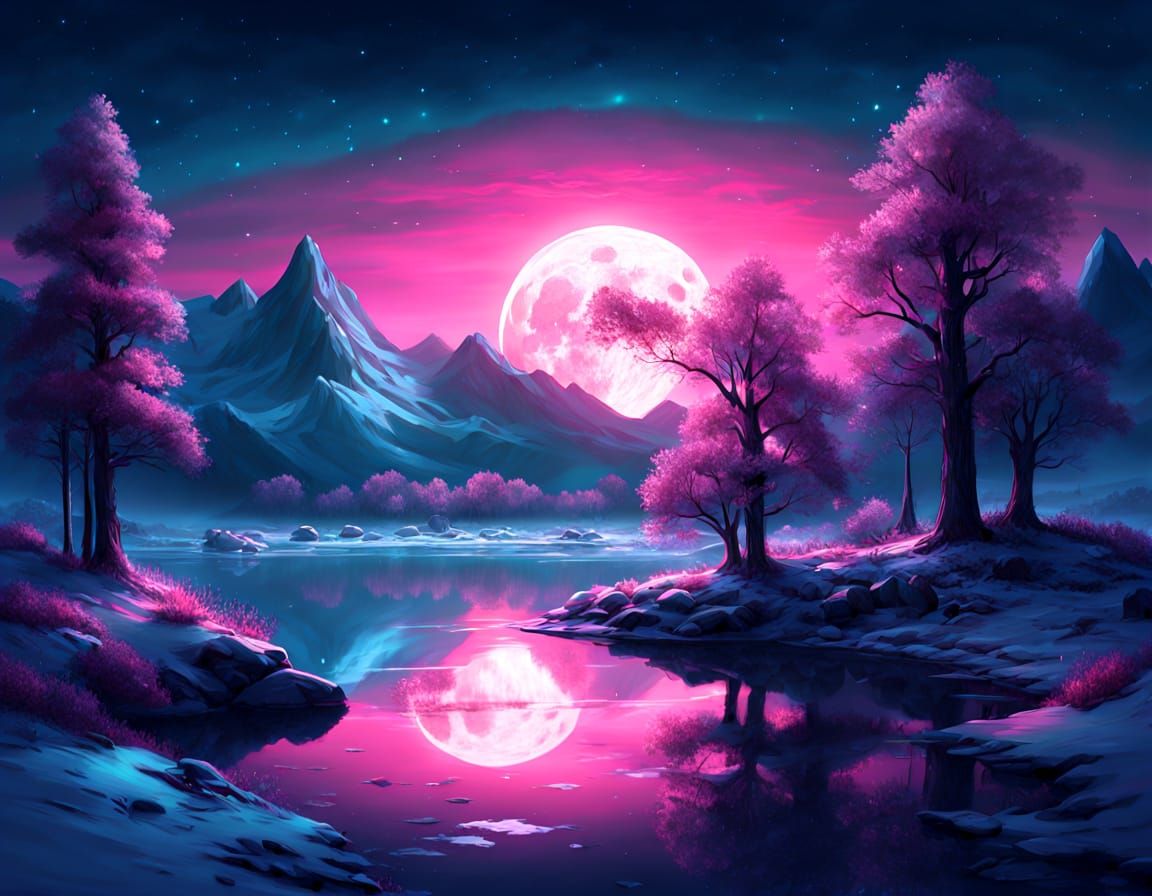 Glowing Pink and Turquoise Moon Over Winter Landscape
