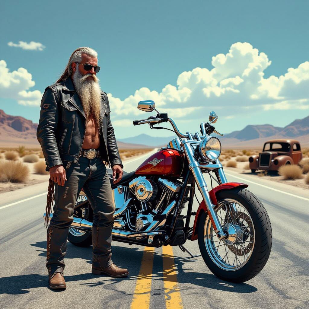 Biker on Desolate Highway in Dark Realism Style