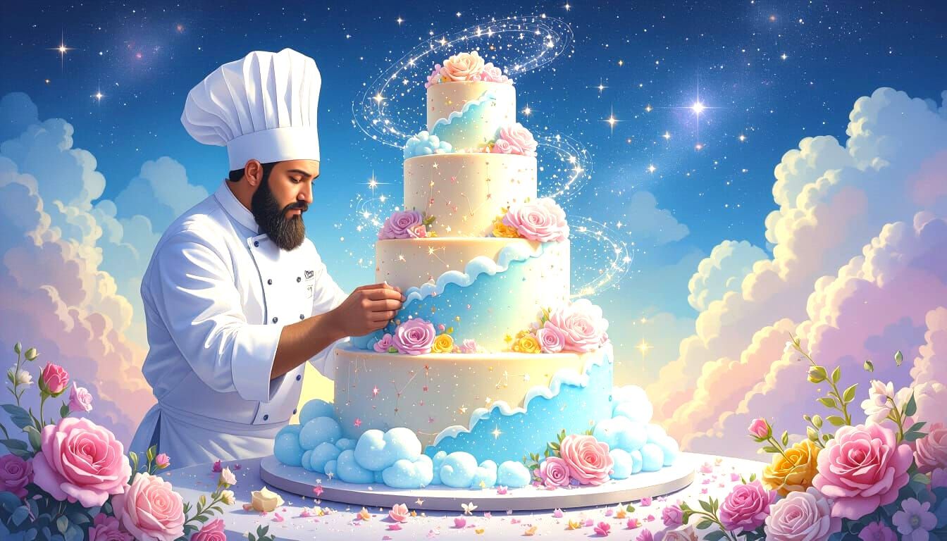 Orc Chef Decorates Cloud Cake in Whimsical Watercolor Style