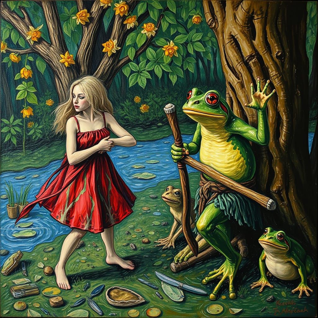 Impasto Oil Painting of a Willowy Dryad and Frog Warrior