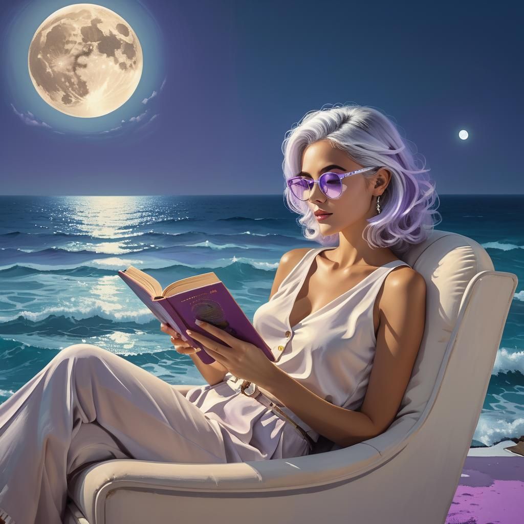Ethereal Lunar Goddess Reading by the Aegean Sea in Vibrant....