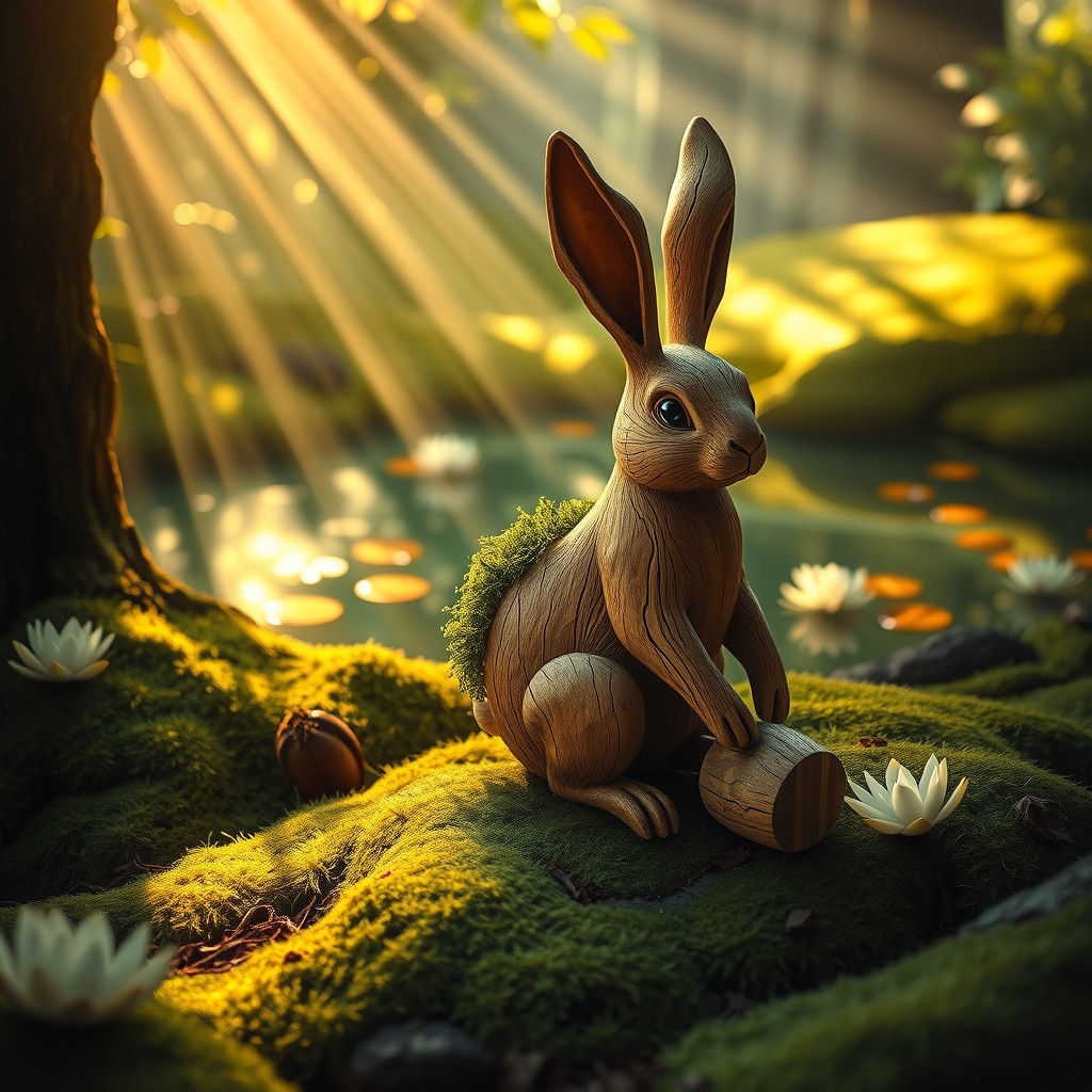 Wooden Bunny Contemplation in Dappled Forest Light