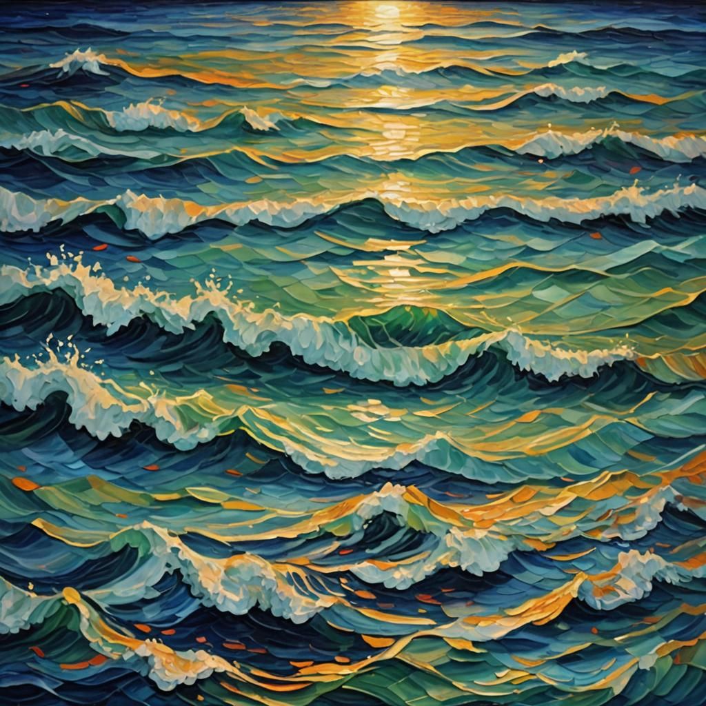 Neo-Impressionist Painting of a Figure Merging with the Sea