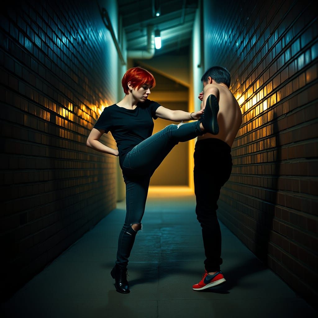 Woman Kicks Man in Dimly Lit Alleyway
