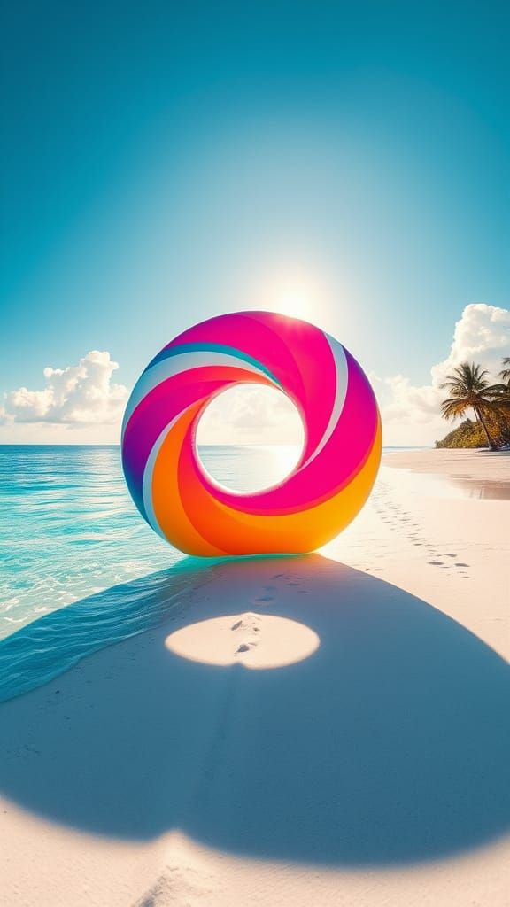 Vibrant Futuristic Beach Scene with Oversized Inner Tube
