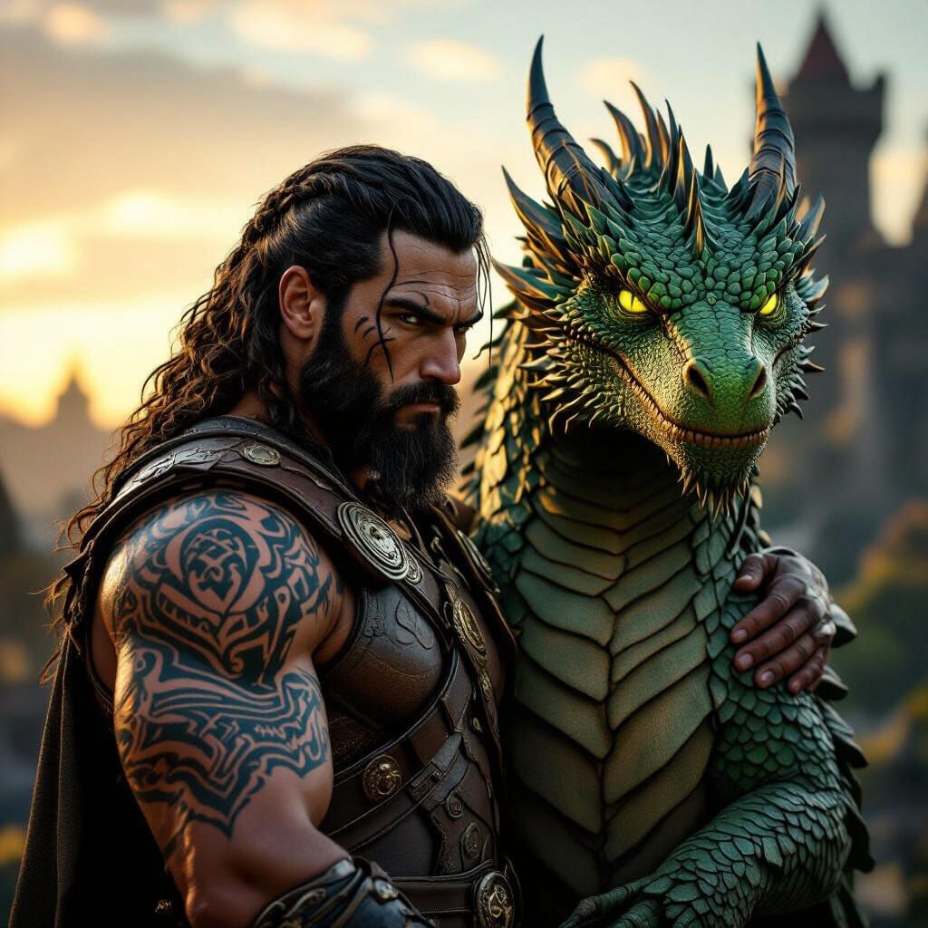 Epic Warrior With Dragon Cinematic Portrait