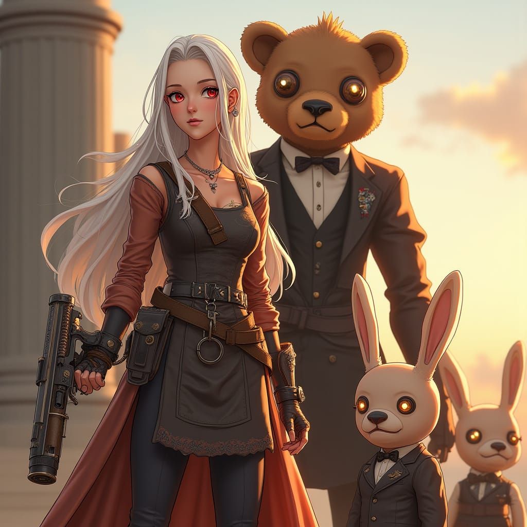 Cyberpunk Noble Inventor with Teddy Bear Guardian