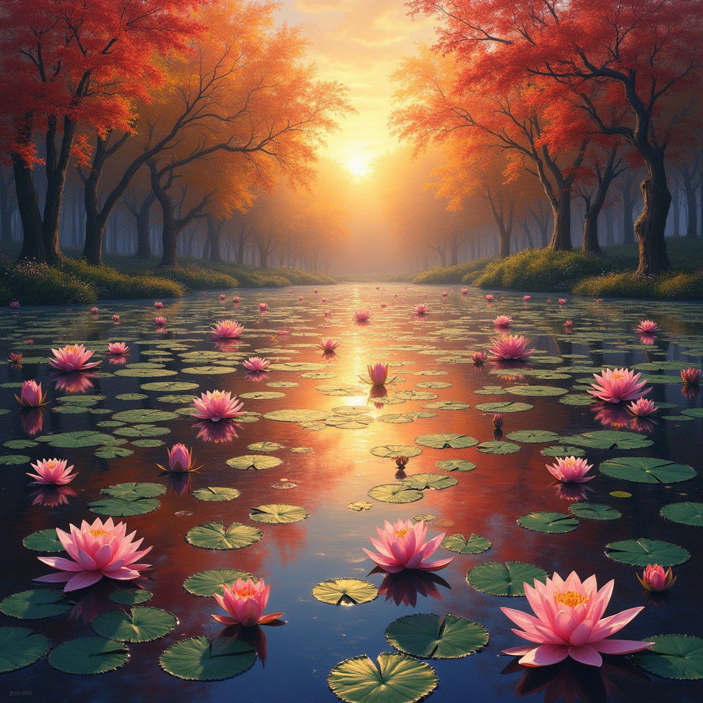 Impressionist Lily Pond Painting with Autumn Trees