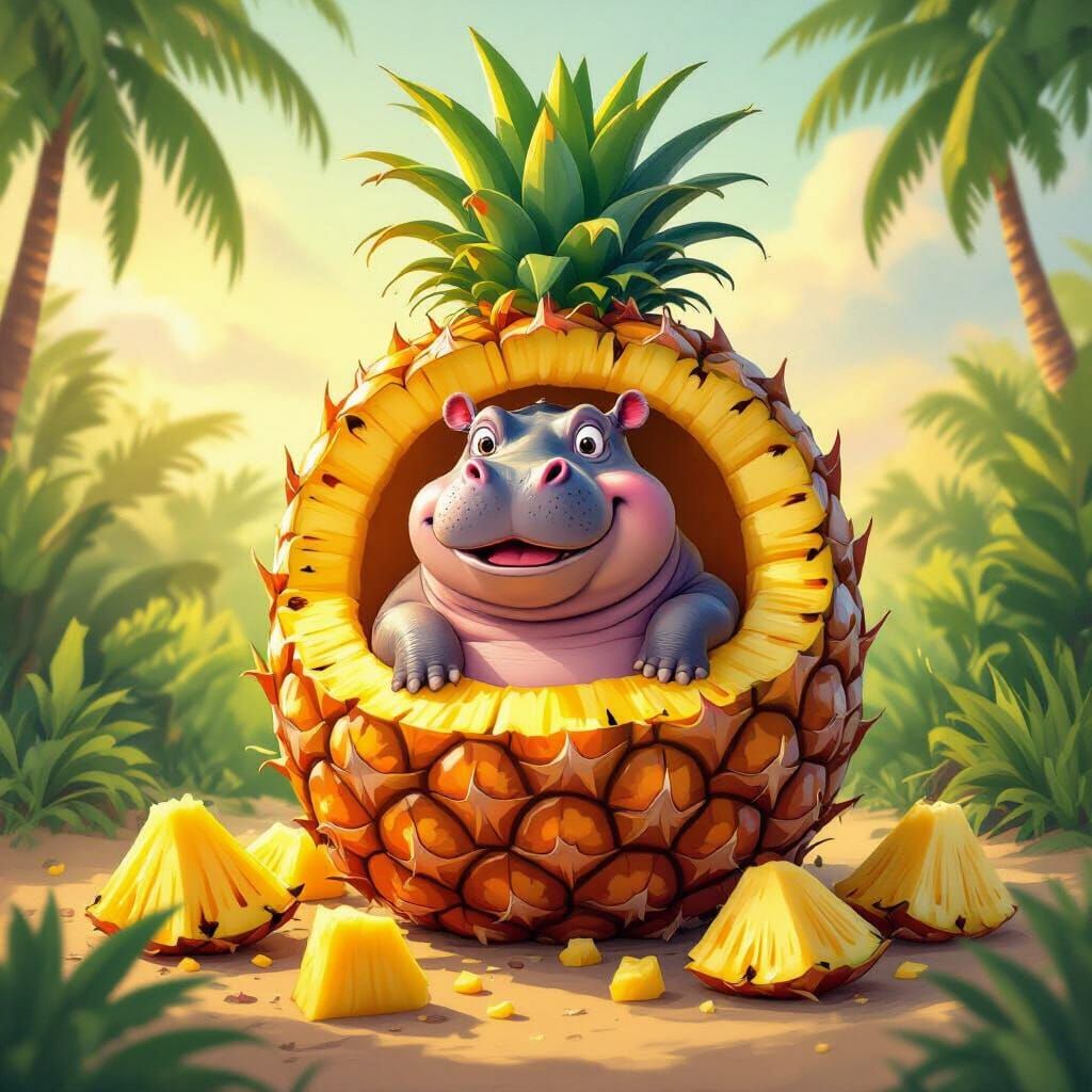 Happy Hippo Peeking From Giant Pineapple