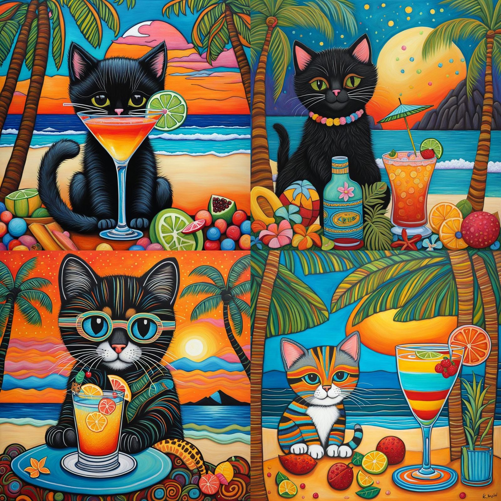 Kitten Sipping Cocktail on Tropical Beach, Mixed Media Style