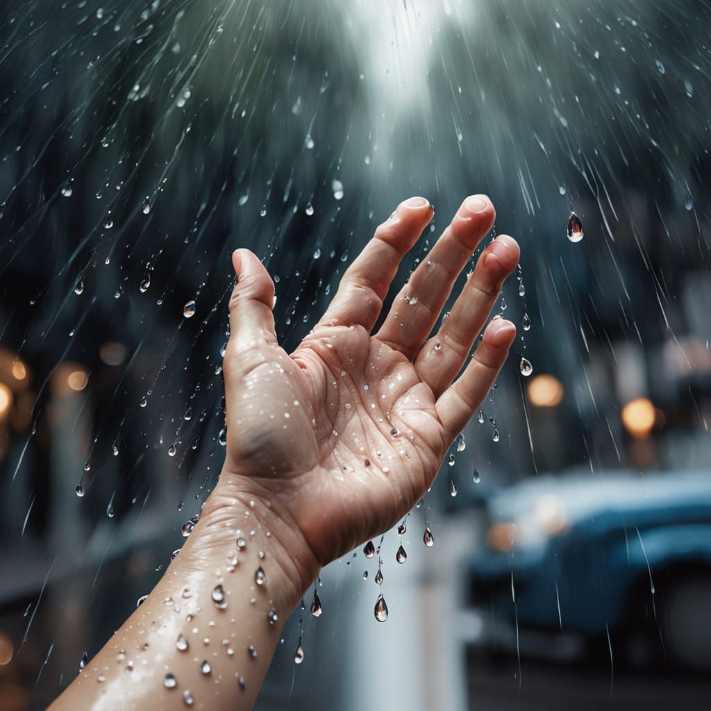 Impressionist Watercolor of Hands Catching Raindrops