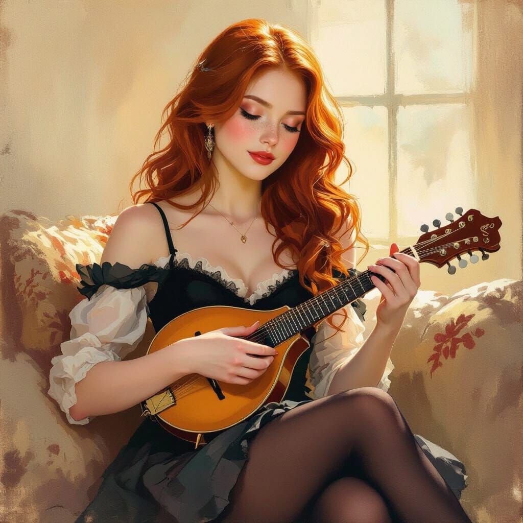Red-Haired Woman Plays Mandolin in Sunlit Room