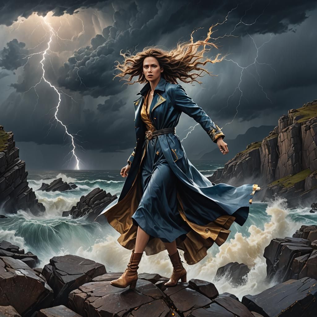 Woman on Cliff in Thunderstorm: Hyperrealistic Splash Art