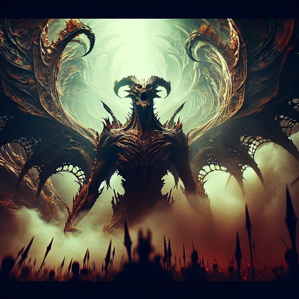 Cinematic Demon Form in Film Still Style