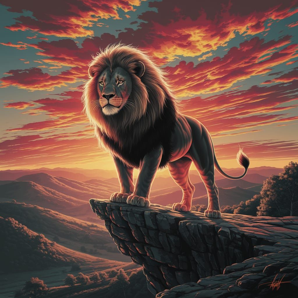 Majestic Lion in Blazing Sunset Splendor