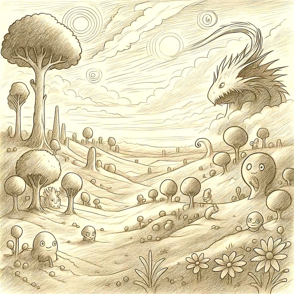 Vibrant Whimsical World with Fantastical Creatures