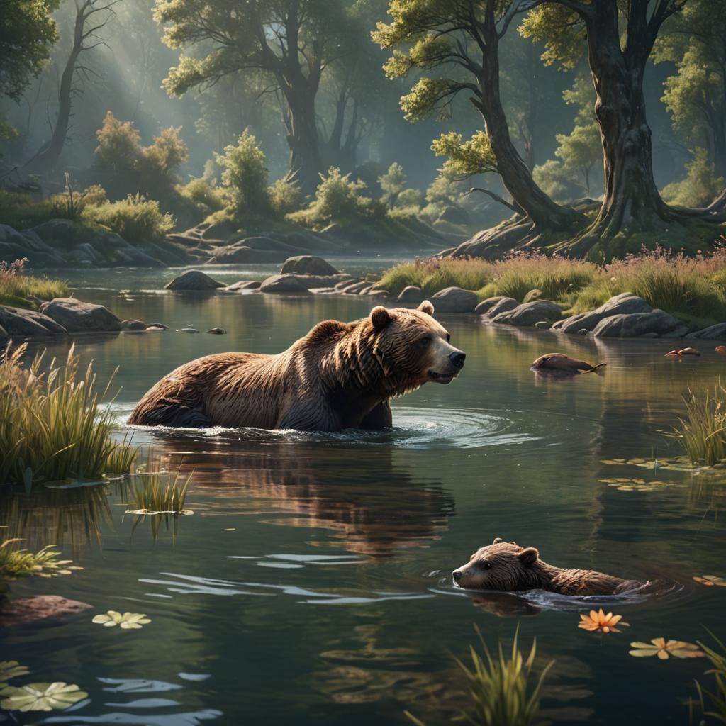 Brown Bear and Otter Fishing in Lake: Fantasy Art