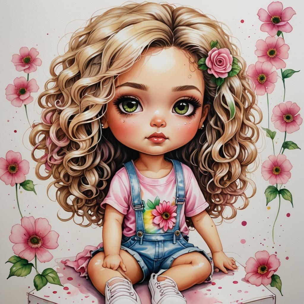 Rainbow-Haired Chibi Girl in Graffiti Art Style