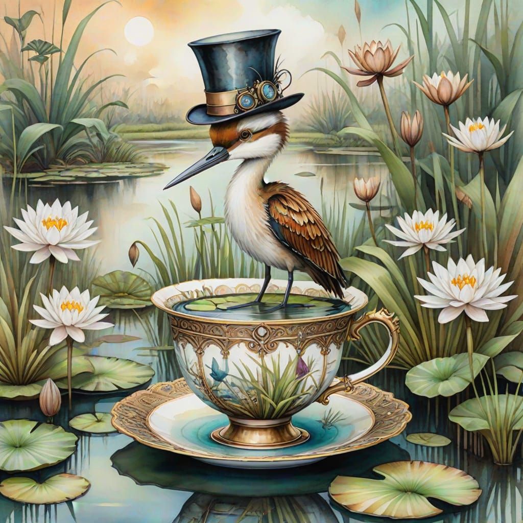 Steampunk Jacana Bird in Teacup Watercolor