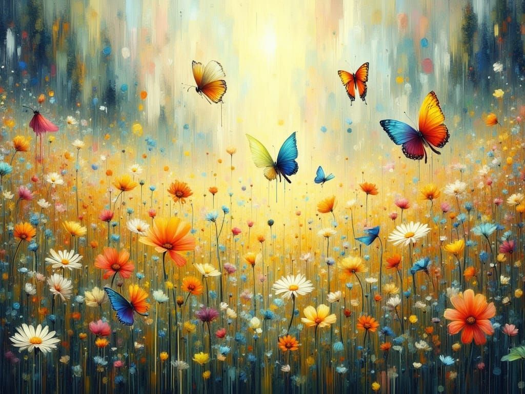 Vibrant Spring Meadow with Butterflies in Impasto Style