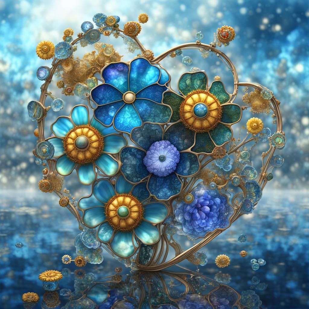 Steampunk Rococo Glass Flower Heart in Klimt Style