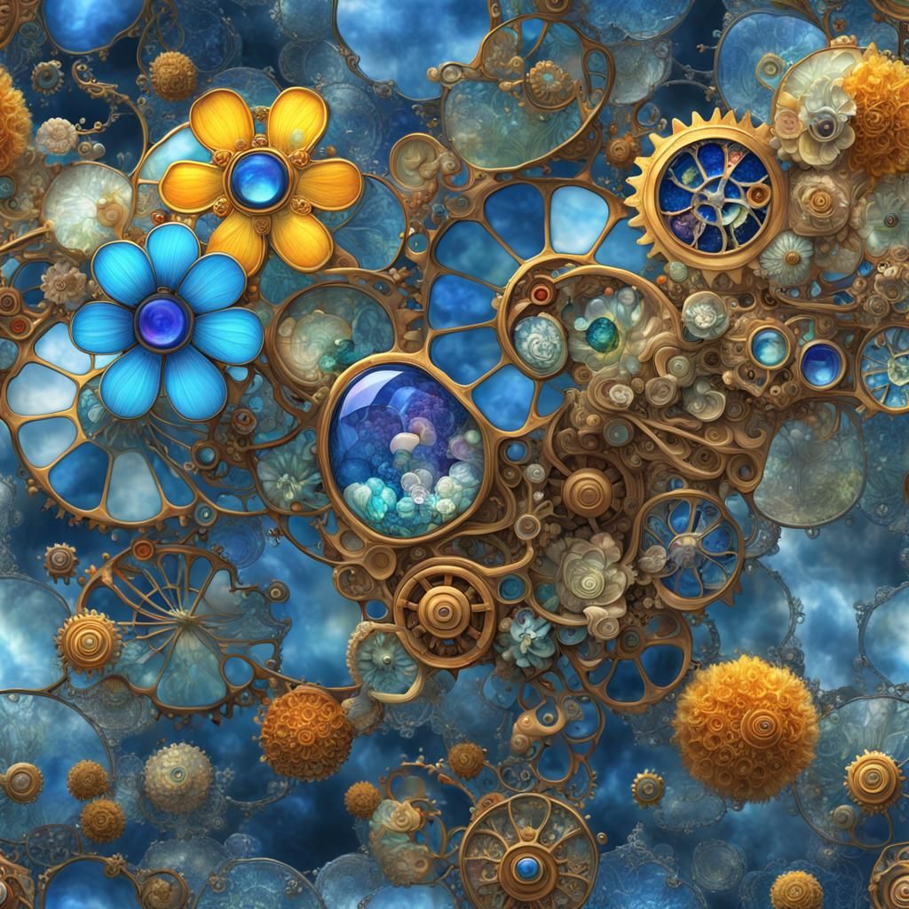 Steampunk Rococo Glass Flower in Nebula, Klimt Style