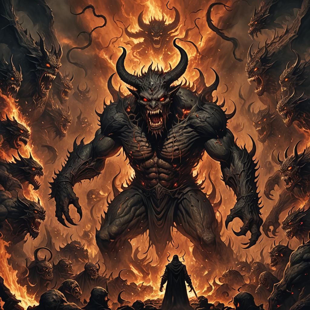 Monstrous Demon in Hell with Damned Souls