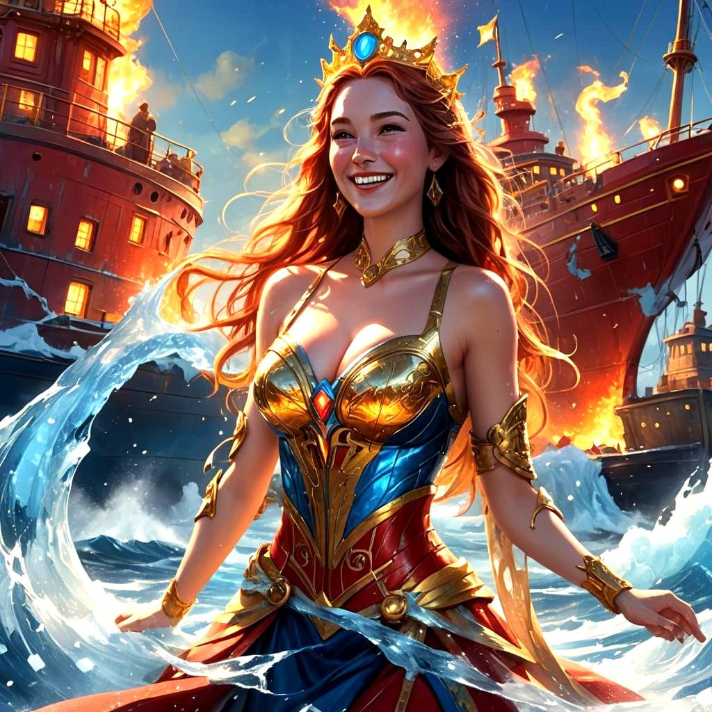 Ice Princess on Ship in Blue Ocean: Fantasy Art