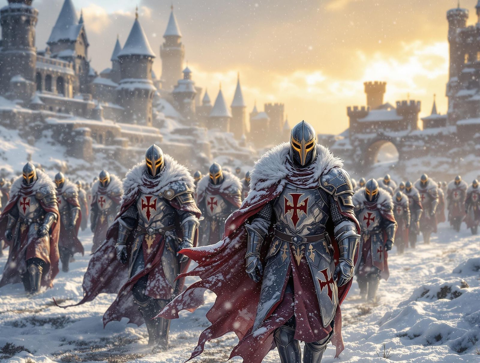 Medieval Knight Stands Tall in Icy Winter Kingdom