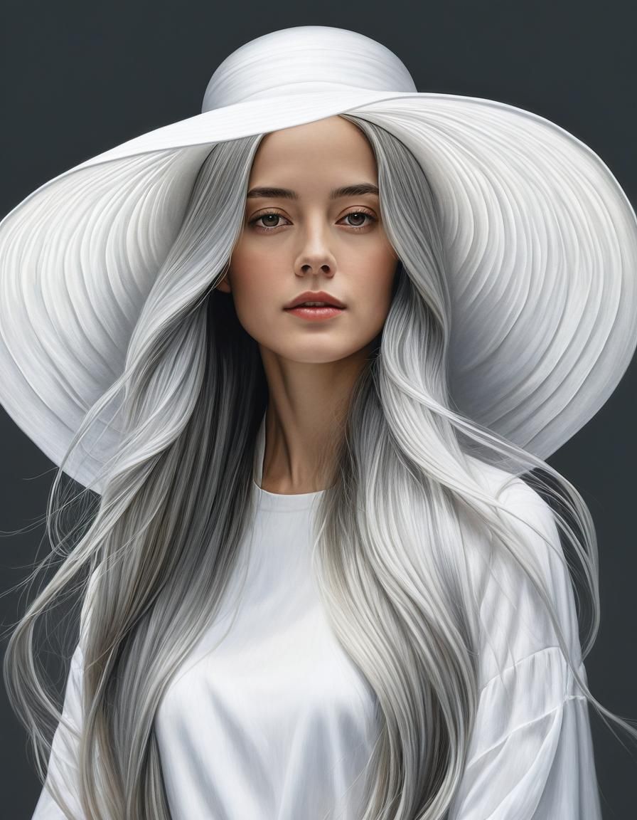 Woman with Grey Hair and White Hat: Digital Art Portrait