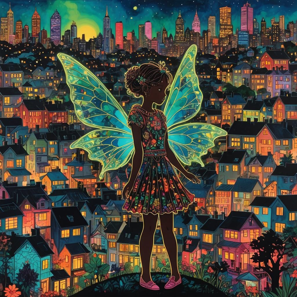 Neon Fairy in Cityscape, Folk Art Style