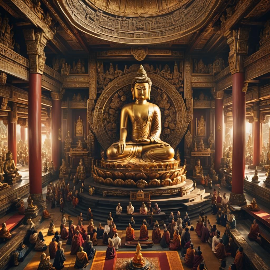 Majestic Buddha Statue in Ornate Temple Interior