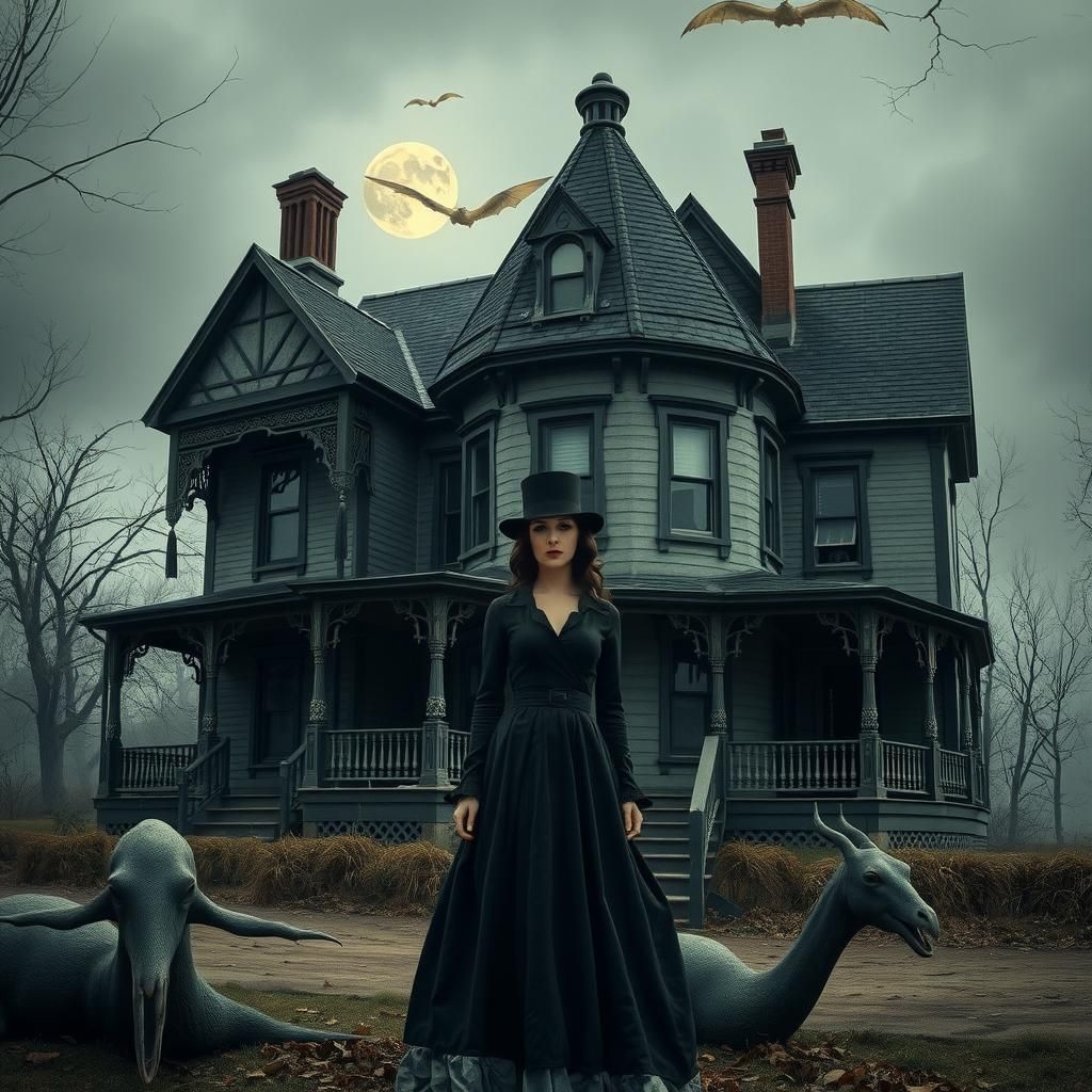 Gothic Woman in Black Dress at Haunted House