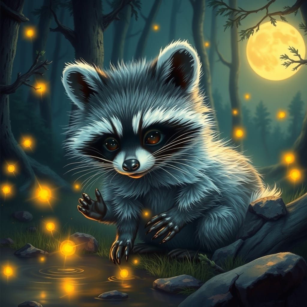 Silver Raccoon Playing with Fireflies in Fantasy Forest