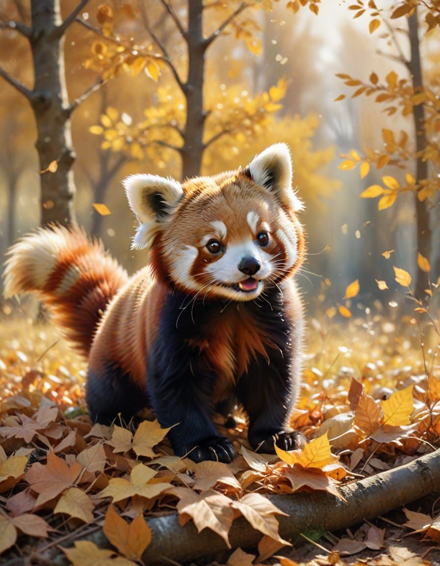 Joyful Red Panda Tumbles in Autumn Leaves - Watercolor Sketc...