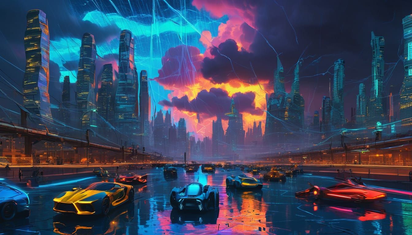 Cyberpunk Starry Night with Neon Skyscrapers and Flying Cars