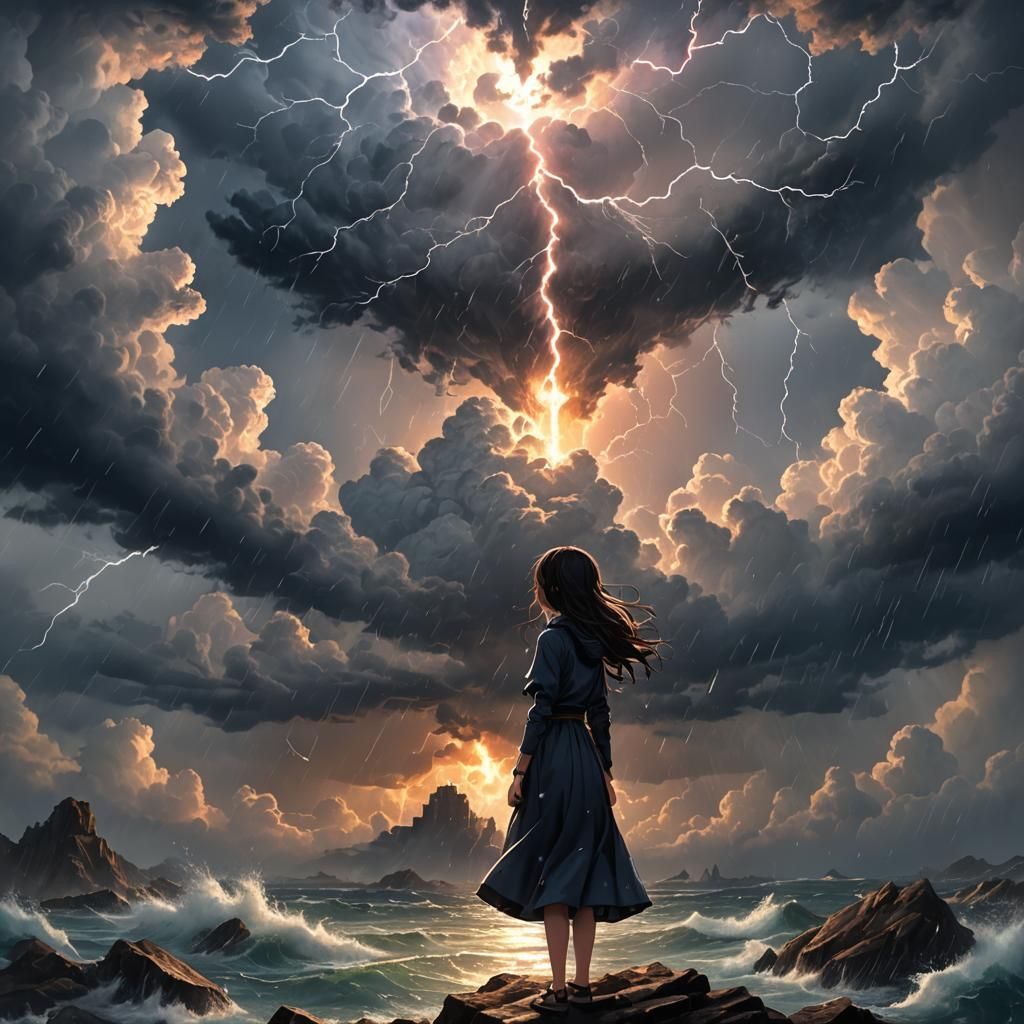 Anime Girl in Rainstorm: 3D Rendered Concept Art