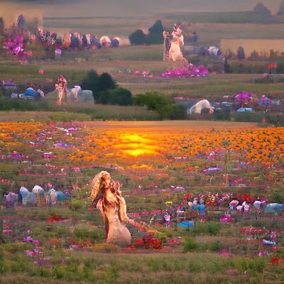 Goddess in Field of Flowers at Sunset