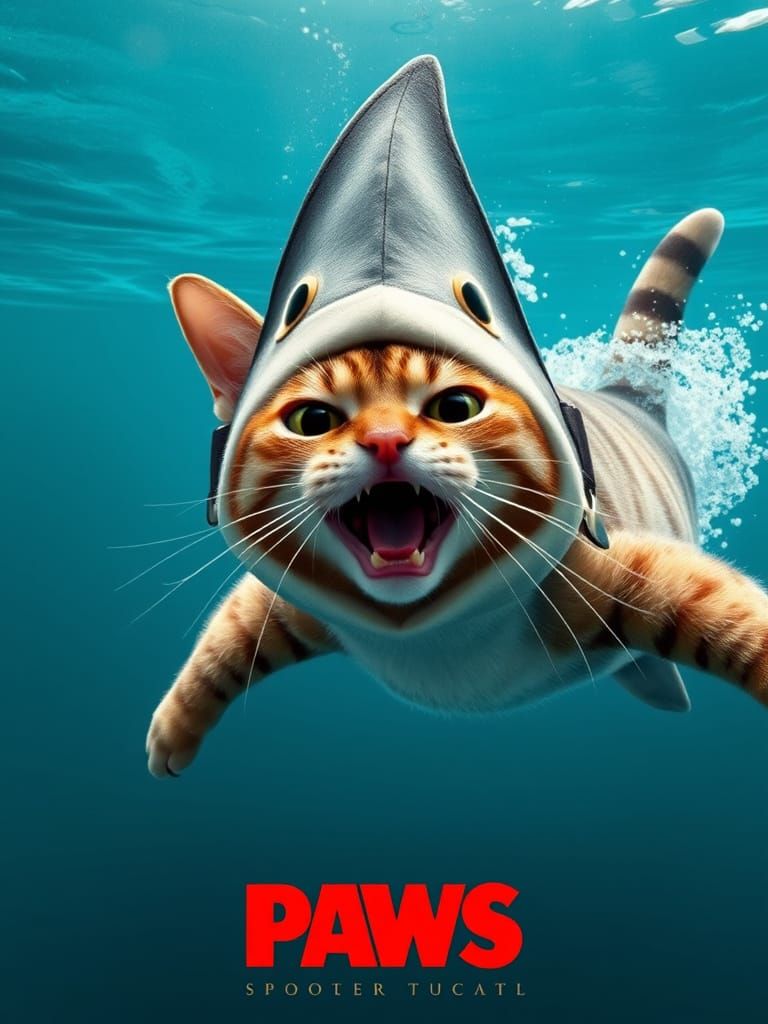 Spoof "PAWS" Movie Poster: Cat Swims Underwater