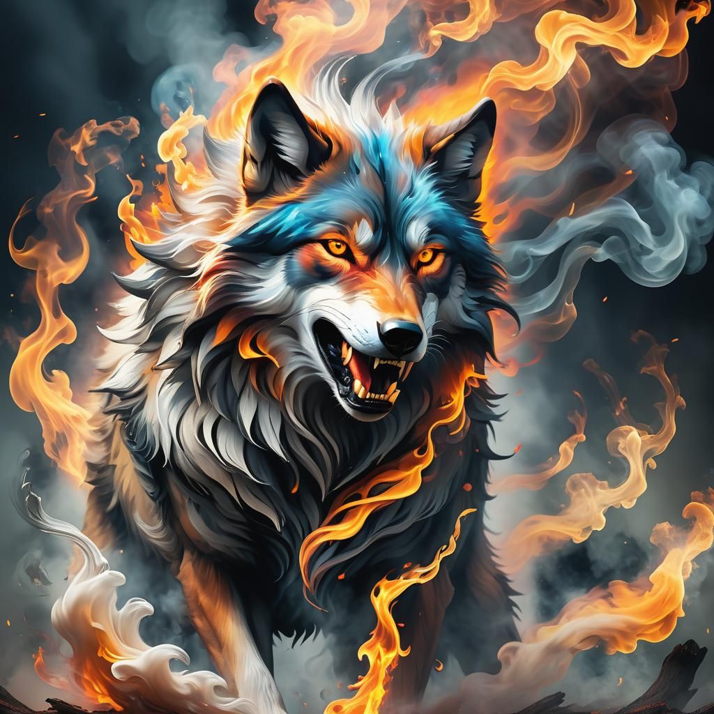 A wolf made of fire and smoke