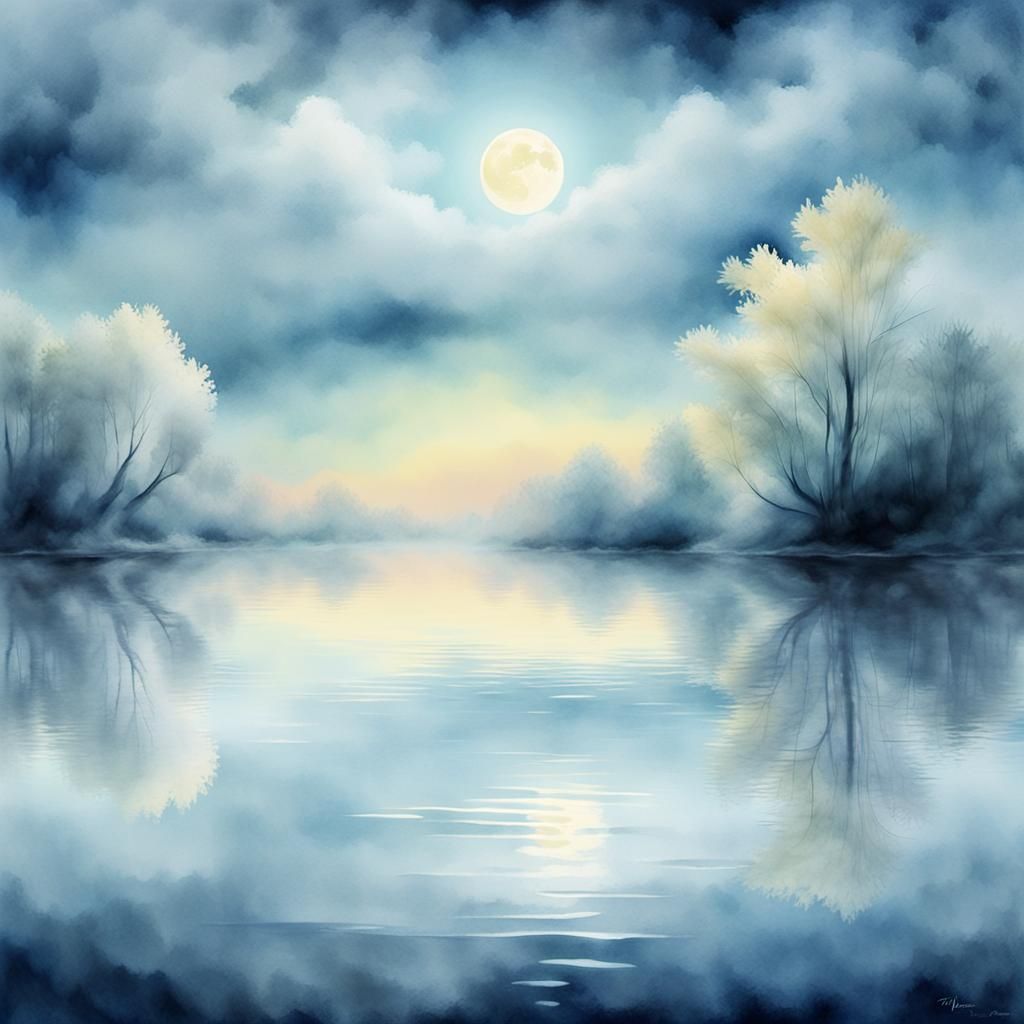 Moonlit Lake in Ethereal Watercolor Style