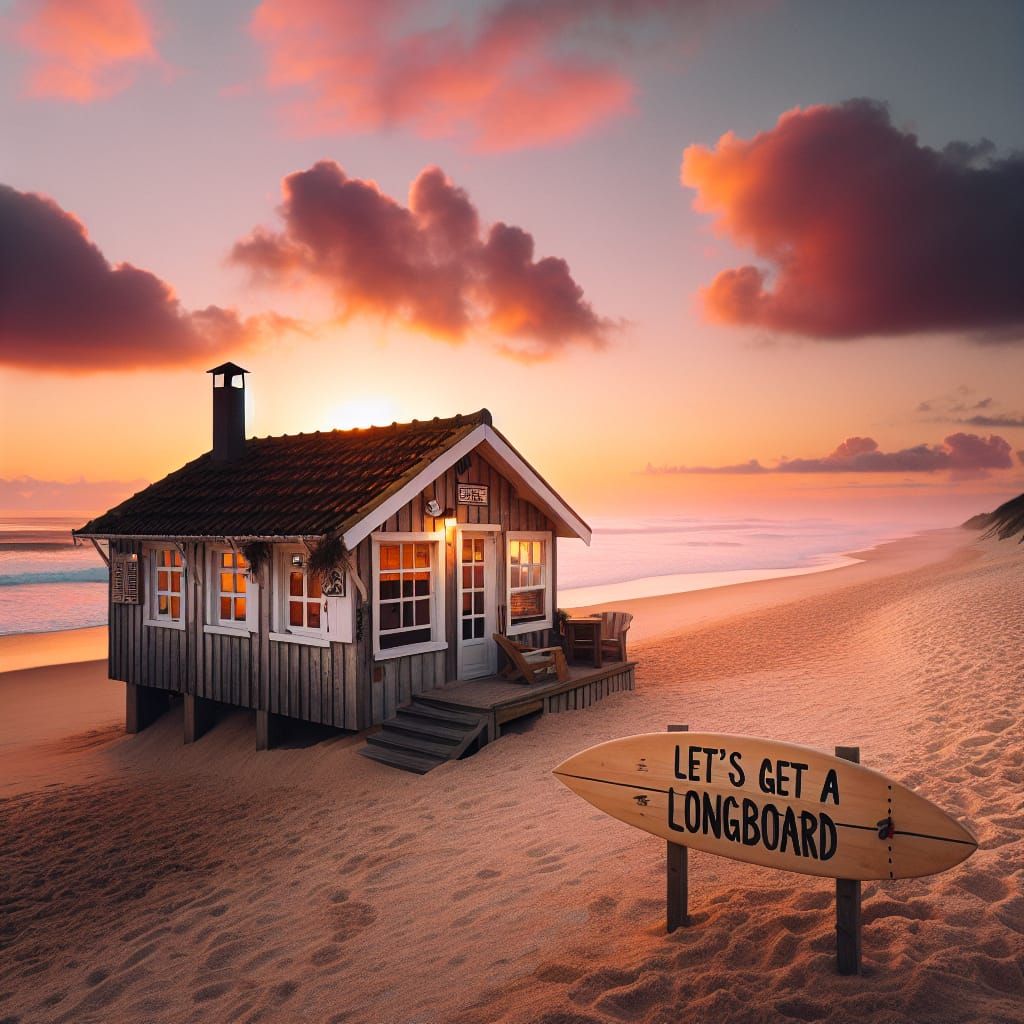 Charming Beach House at Sunset with Surfboard Sign