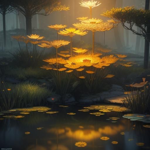 Bioluminescent Pond Ecosystem in Petri Dish: Digital Art