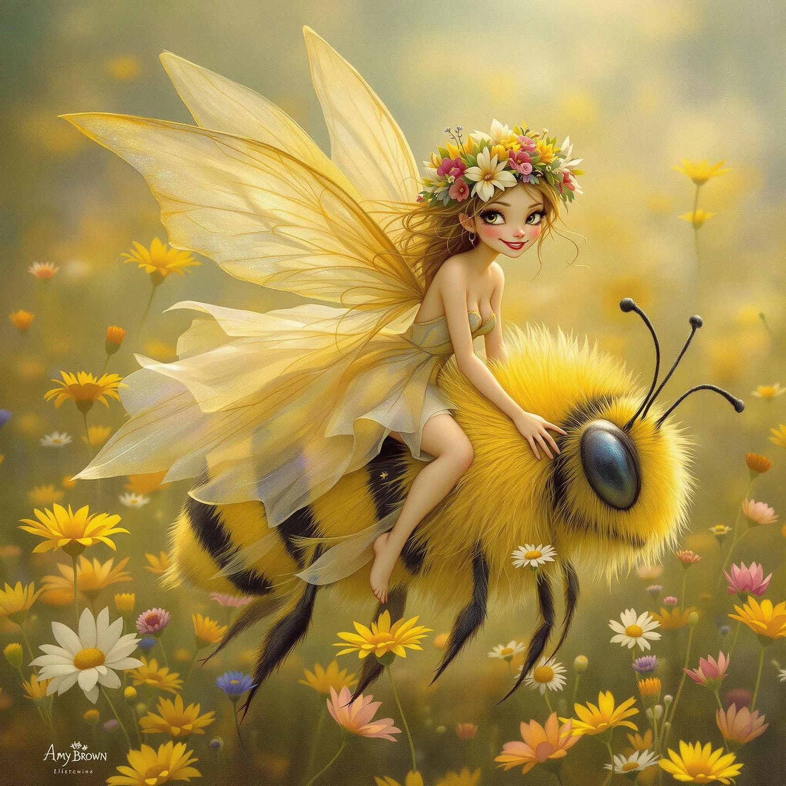 Fairy Riding Bumble Bee in Dreamlike Meadow